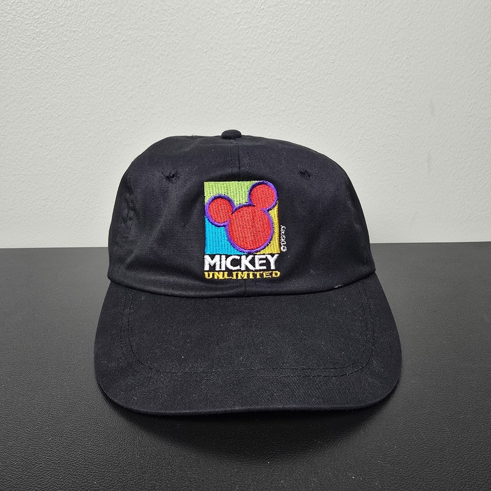 VINTAGE Disney Hat Cap‎ Mens One Size Black Mickey Mouse Unlimited Logo 80s 90s